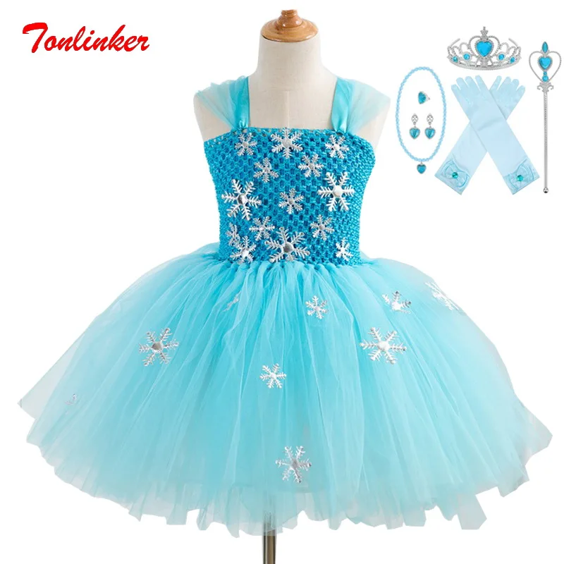 

New Lce and snow Princess Tutu Dress With Crown Princess Girls Anna Costume Snow Queen Cosplay Dress Kids Hair Accessories