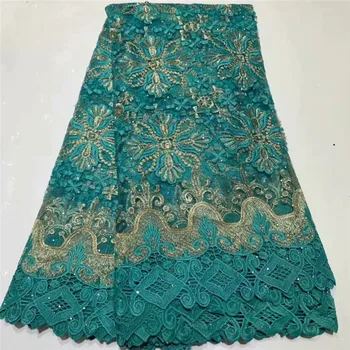 

African French stones Lace Fabric 2019 High Quality Lace green+gold Lace Fabric Nigerian Tulle Mesh Lace Fabrics for Wedding