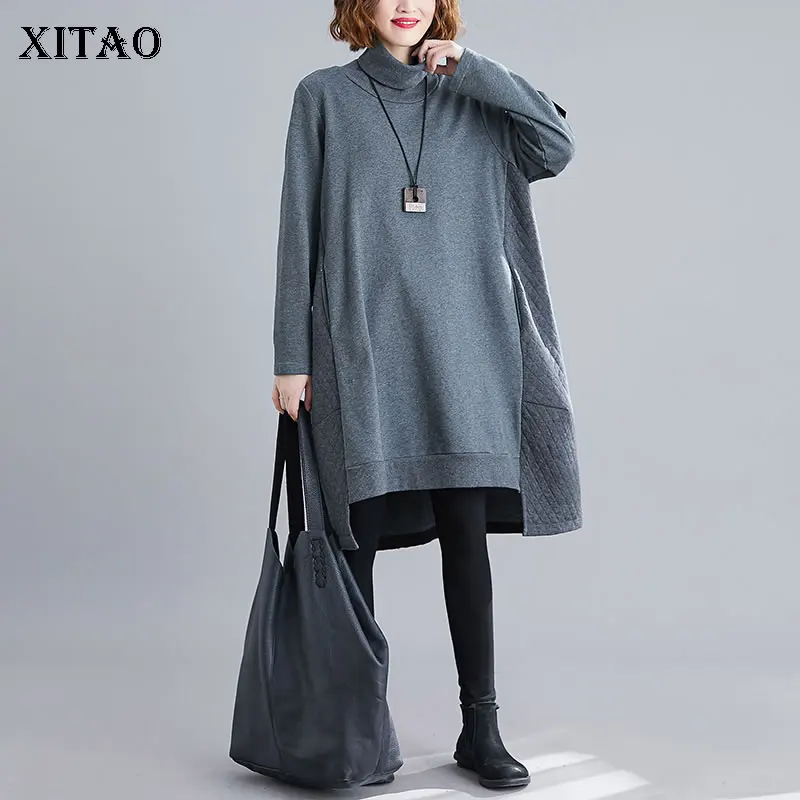 

XITAO Irregular Patchwork Pocket Dress Plus Size Loose Slim Waist Women Clothes 2019 Fashion Turtleneck Elegant Dress DMY1091