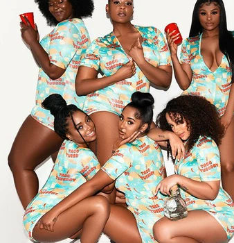 

Women Fashion Printed Siamese Sexy V-neck Snap Open Tight Short-sleeved Adult Romper for Women