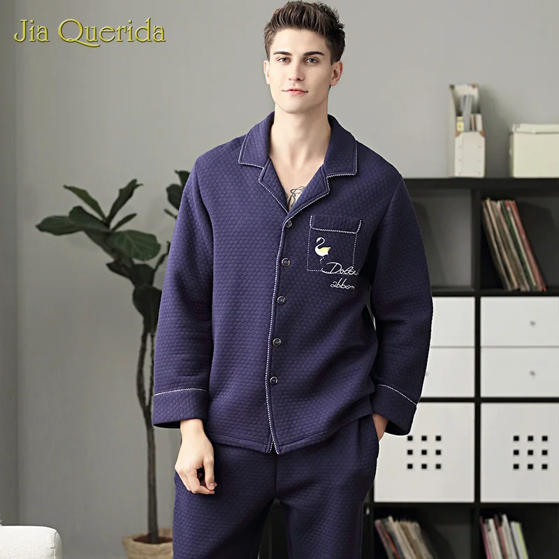 Pijama Mans, хлопок, мягкий мужской комплект, зимний кардиган с длинными рукавами, с отворотом, пуговица, фламинго, вышивка, карман, модная Пижама для мужчин