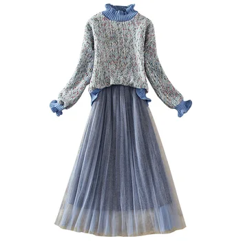 

2020 spring women sets ruffles thicken warm turtleneck sweaters and mesh pleated knee-length skirts lady elegant skirts suits