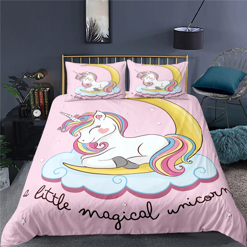 Bedding Sets Luxury 3D Cartoon Unicorn Print 2/3Pcs Comfortable Kids Duvet Cover Pillowcase Home Textile Single/Queen/King Size