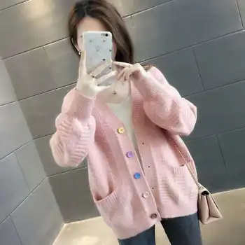 

Allyzozo Women Autumn Winter Button Knitted Solid Cardigans Casual Warm Pink Pockets Cute Cardigans Clothing