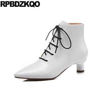

booties shoes women ankle boots medium heel white genuine leather autumn chunky block lace up short luxury pointy pointed toe