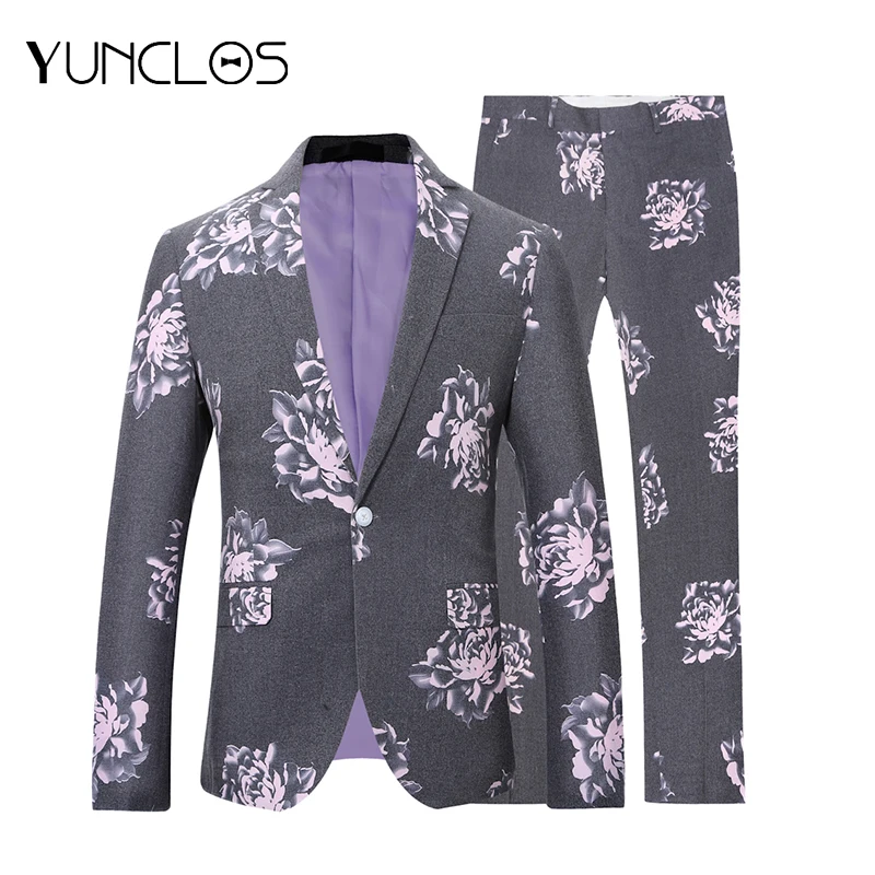 

YUNCLOS Pink Big Peony Men 2 Pcs Suit Jacket Pant Wedding Suits For Men Costume Hoome Slim Fit Men Suits Tern Masculino