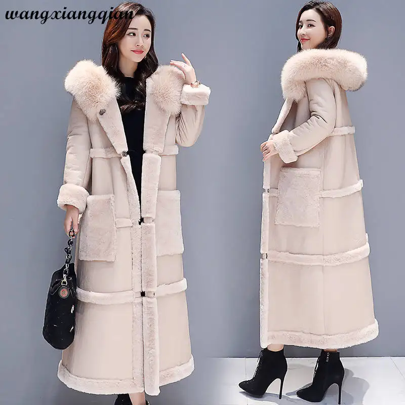 

Women's Mid-length Coat Winter Lamb Over Knee Fur All-in-one Thick Hooded Single-breasted Casual Pockets Coat Parka Sale Z30