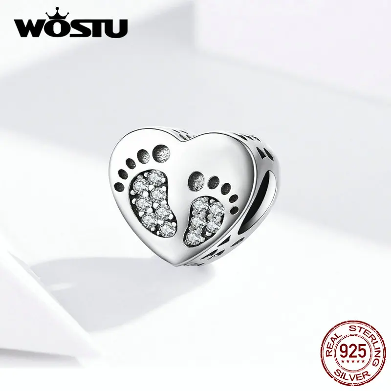 WOSTU, натуральная 925 пробы, серебряные следы, сердце, бусины, циркониевые амулеты, подходят к оригинальному браслету, кулон для женщин, ювелирные изделия CQC1395