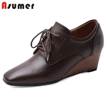 

ASUMER 2020 new arrive genuine leather shoes women pumps top quality lace up classic vintage casual wedges shoes woman