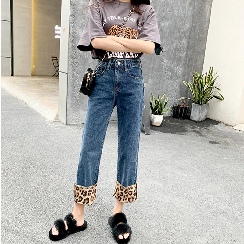 

New Woman Denim Jeans High Waist Leopard Print Patchwork Straight Jeans Female Autumn Spring