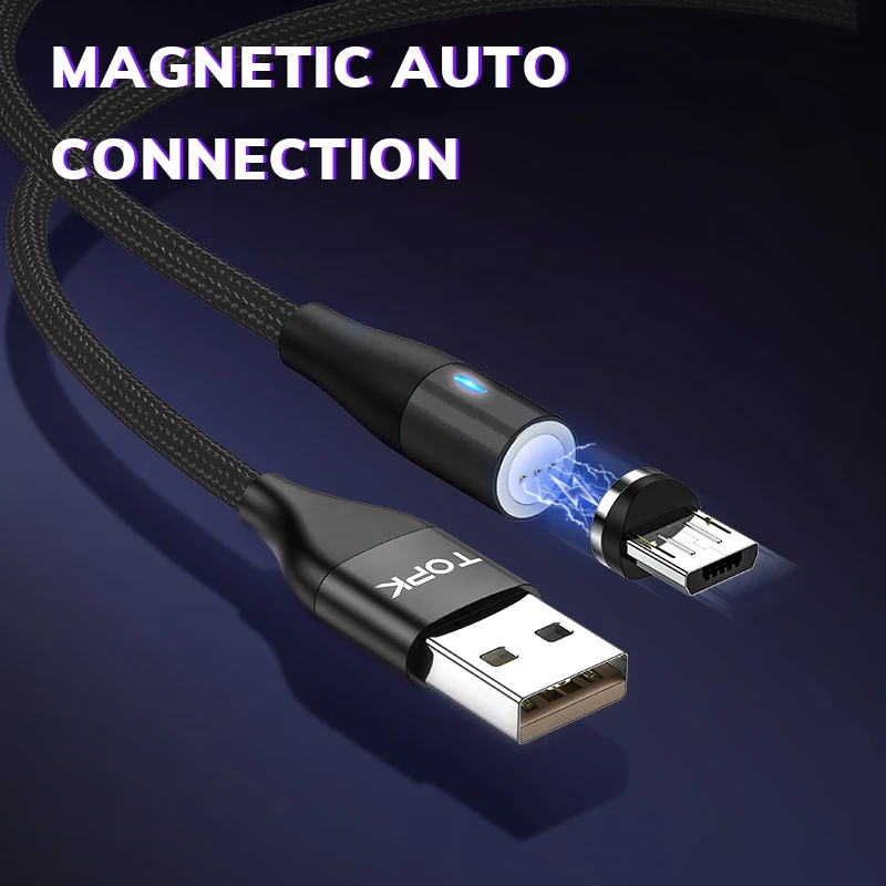 TOPK AM60 3rd Magnetic Micro USB Cable Nylon Fast Charge USB Data Cable for Xiaomi Samsung Huawei Magnetic Charging Cable