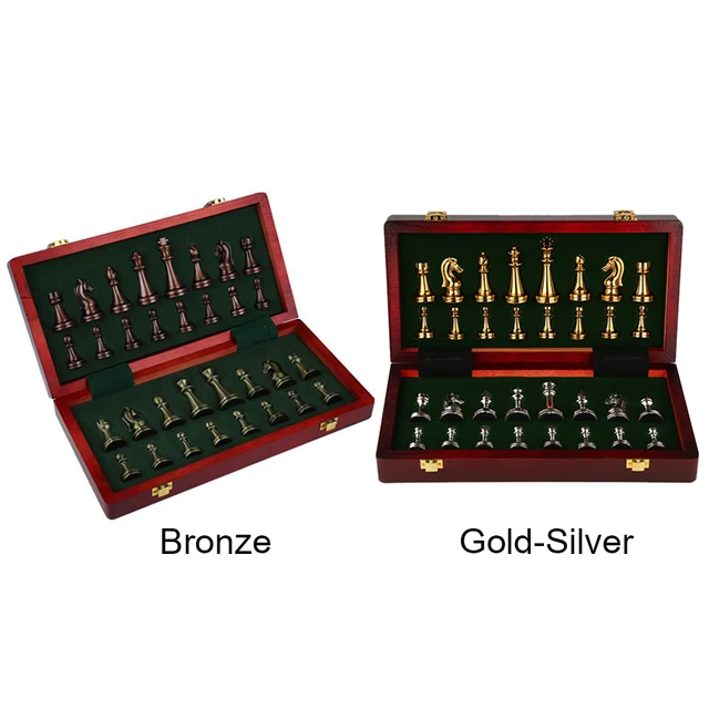 Buy Online Best Quality Hot Medieval Metal Chess Set Luxury Portable Folding Wooden Chess Board Games With Chessboard 32 Chess ​Texture Classic Handmade