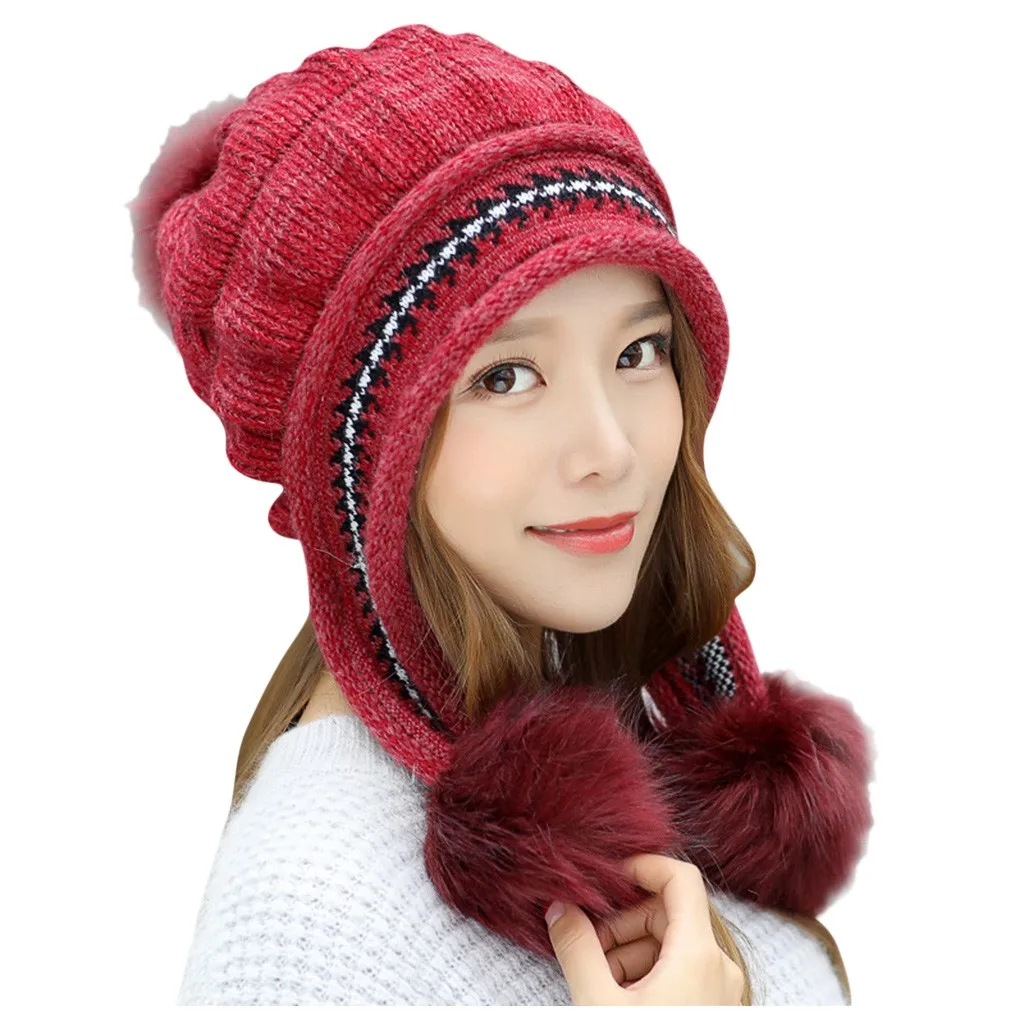Fashion Winter Hats For Women Fashion Keep Warm Winter Hats Knitted Wool Hemming Hat With Hair Ball Gorros Mujer Invierno