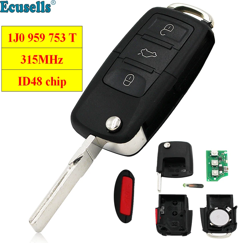 Флип ключ без ключа для VOLKSWAGEN VW Golf Beetle Passat 3 + 1 Кнопка 315 МГц ID48 чип 1J0 959 753 T