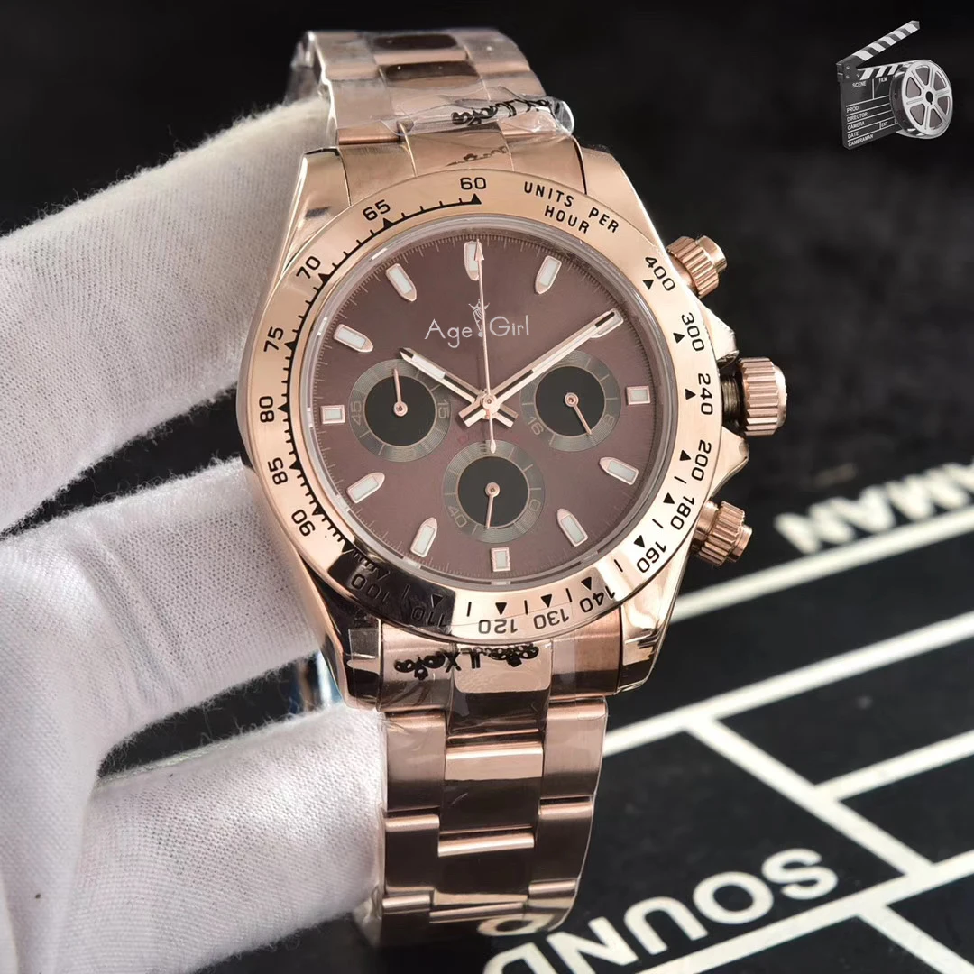 

Luxury Brand New Men Japanese Quartz Rose Gold Coffee Stainless Steel Watch Chronograph Sapphire Black Ceramic Baguette Limited