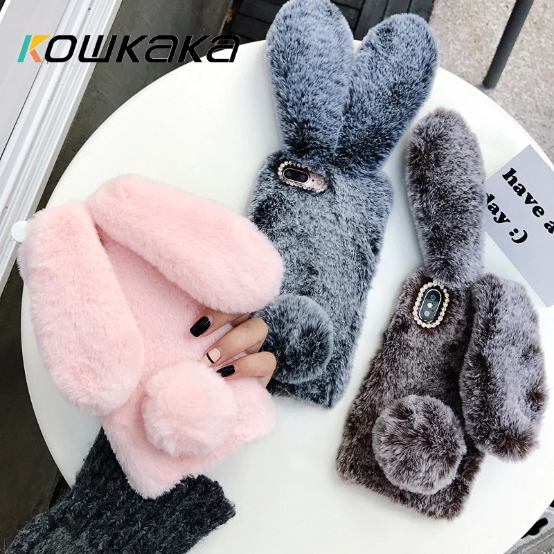 Милый плюшевый чехол для телефона Kowkaka с заячьими ушками iPhone 12 Mini 11 Pro Max XS XR X SE 2020 6