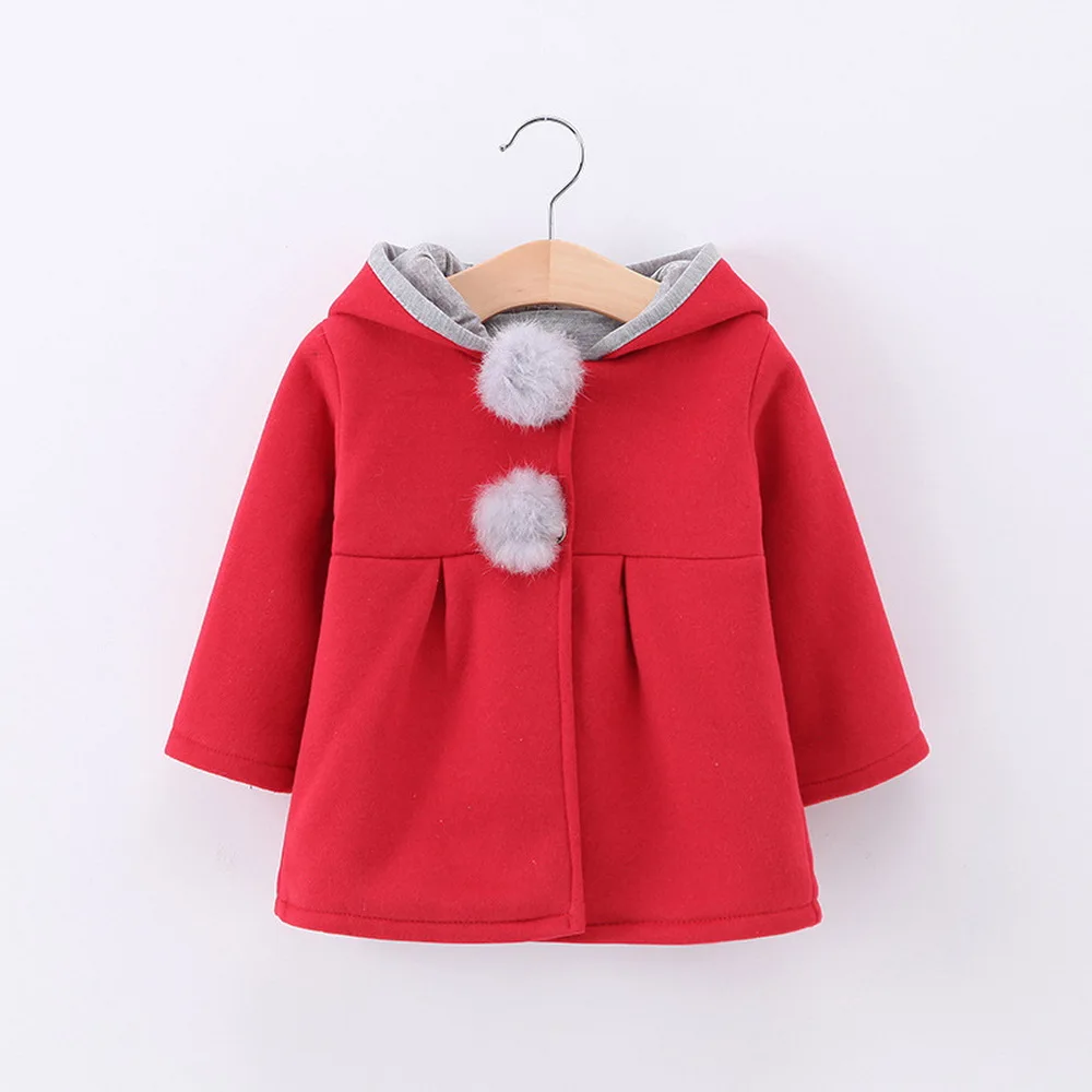 Пальто с заячьими ушками для девочек, шерстяное пальто 80% хлопок, осенне-зимнее пальто с капюшоном и длинными рукавами для девочек От 0 до 6 лет новая одежда для девочек D30 - Цвет: Красный