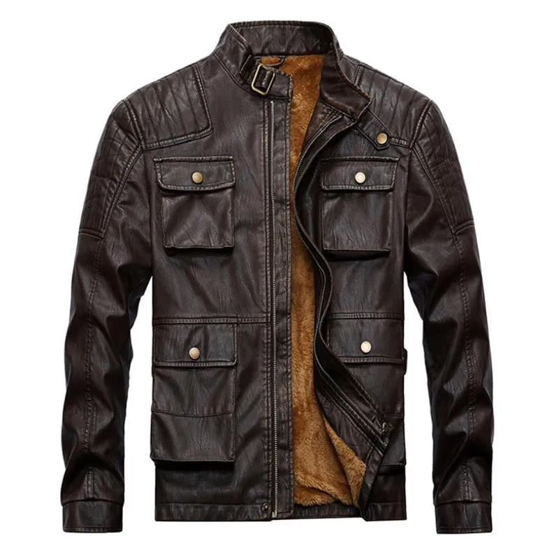 Высококачественная осенняя и зимняя новая мужская кожаная куртка бархатная куртка плюс пальто из искусственной кожи мульти-мотоциклетный жакет с карманами куртка