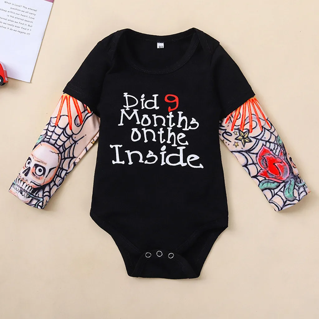 

Infant Baby Boys Long Sleeve Tattoo Sleeve Printed Letter Jumpsuit Romper Cute Toddler Newborn Baby Girls Outfits Cold Clothes