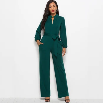 

2019 Women Long Sleeve Elegant Jumpsuit Button Solid Color Elasticit Playsuit Belt Wide Leg Long Pants Workwear mujer Plus Size