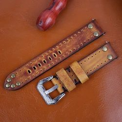 Handcrafted Vintage Rivet Leather Watch Strap with Carved Buckle - 22mm (Yellow)