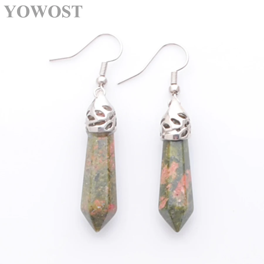 Unakite Jasper R3070 Натуральный драгоценный камень гексагональные Рейки чакра камень бусины Серьги для женщин ювелирные изделия 1 пара IBR310 - Окраска металла: Unakite Jasper R3070