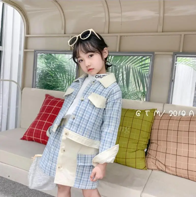 

2019 Baby Girls Fall Boutique Formal Lady Plaids Sets, Coat + Skirts 5 sets/lot, Wholesale, Free Shipping