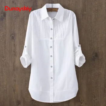 

100% Cotton 2020 Spring Summer Women White Blouse Long-sleeved Slim Cotton Casual Work White Shirts Office Lady Button Tops 0.22