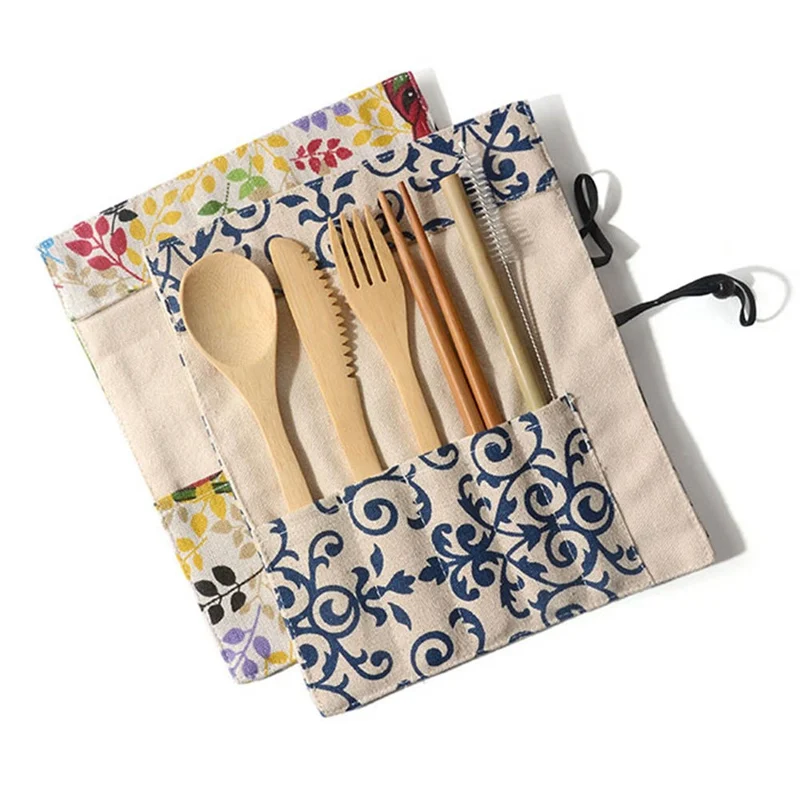 Tableware Set Bamboo Cutlery Set Wood Straw With Travel Cloth Bag Wooden Spoon Fork Knife Dinnerware Set Wholesale