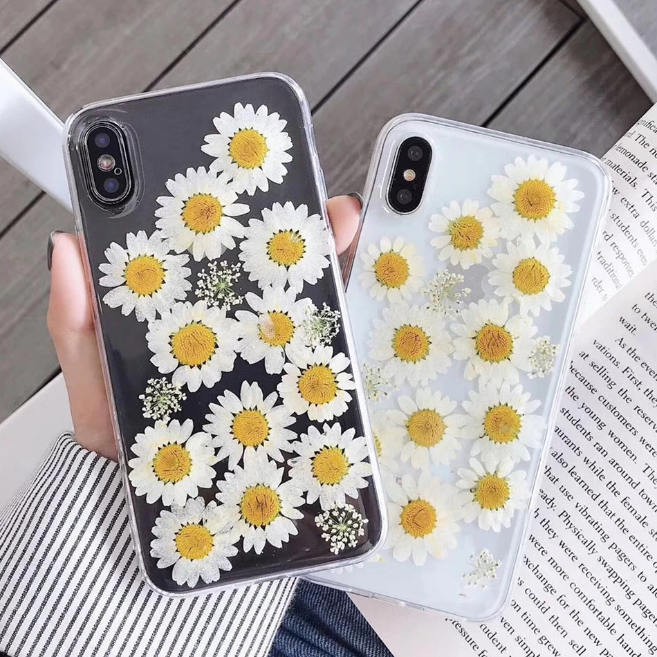 

KEXIN Dried Flowers Phone Case For iPhone 7 8 6S Plus XS MAX XR X Cases Real Flower Daisy For Xiaomi 8 Soft Gel Clear Back Cover