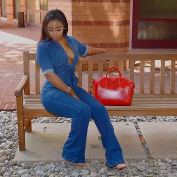 

2019 Women Summer Turndown Neck Denim Jumpsuit Blue Pocket Long Rompers Sashes Half Sleeve Bodycon Playsuit