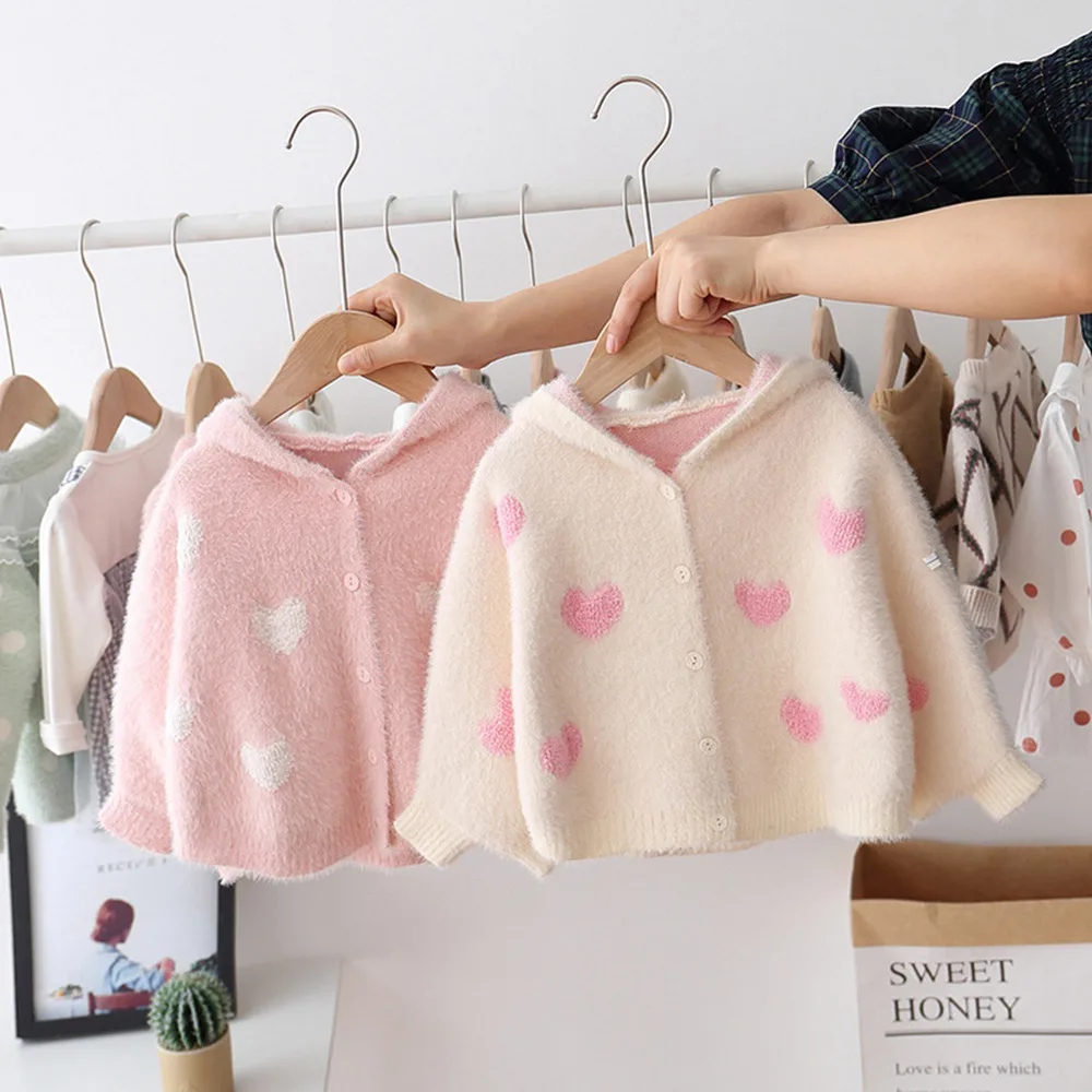 

Autumn Winter Girls Coats Jackets Kids Baby Infants Knitwear Kint love Heart Hooded Cardigan Sweater Outwear Coat S9528