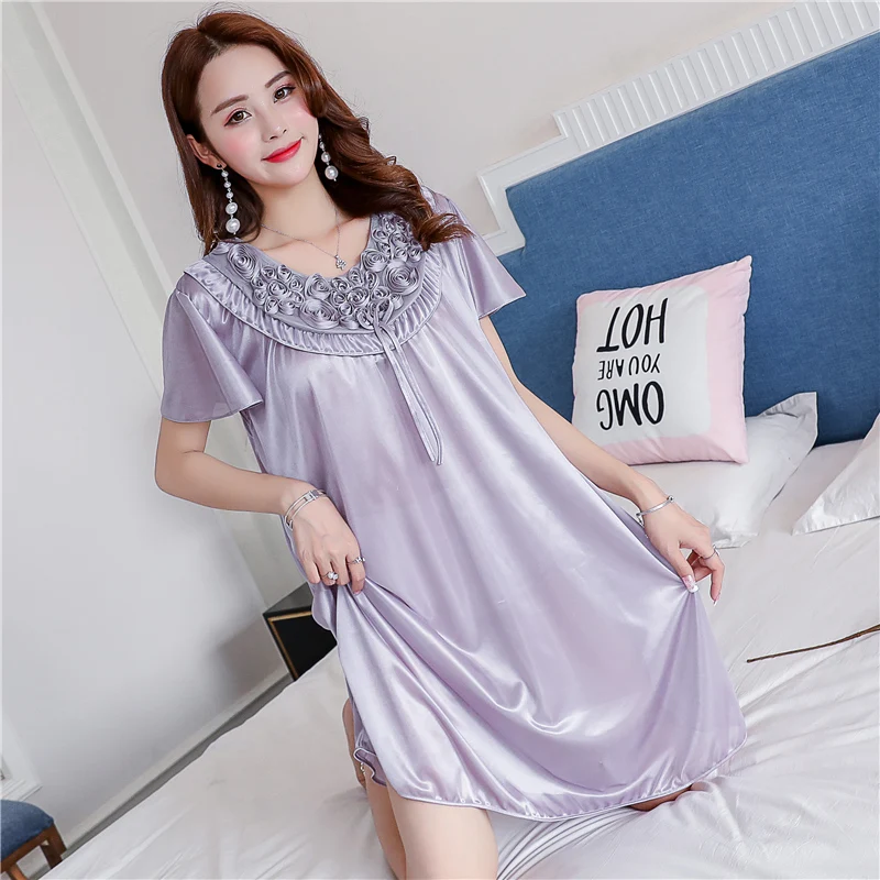 Short Sleeve Rose Flower Applique Sleep Dress Female Lady Long Nightdress Gowns Lingerie Silk Sleepdress Fancy Nightshirts Women