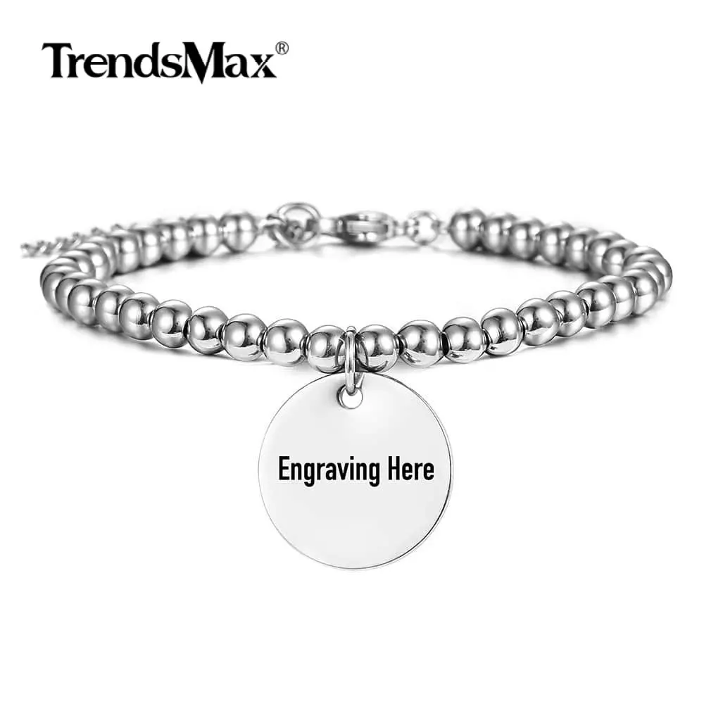 4/5 мм Нержавеющая сталь Медь браслет из бисера для Для женщин девочек круглая бирка гравировка имени на заказ браслет с подвеской Регулируемый DBM73