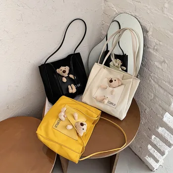

Fashion Canvas Women Shoulder Bag Female Bear Doll Decor Shopping Daily Handbag Popular Simple Female Daily Bag