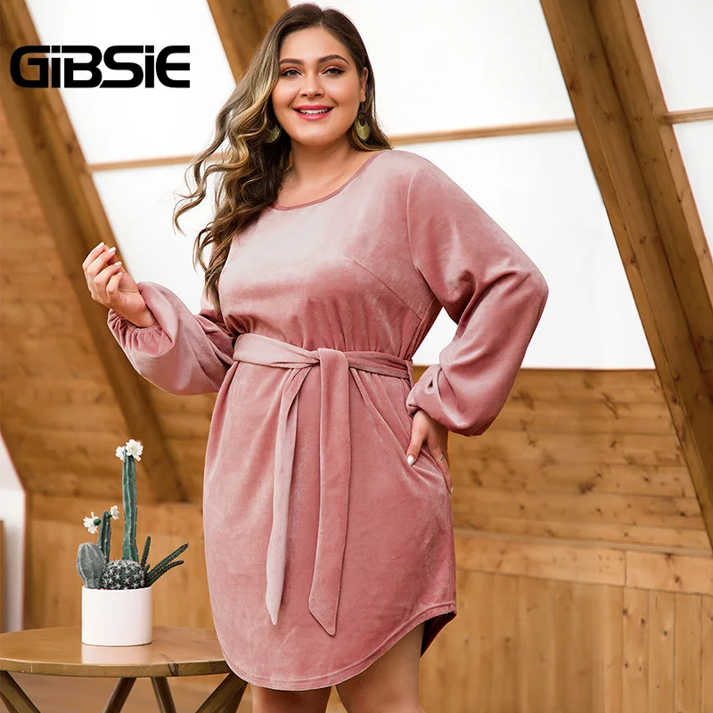 GIBSIE осенне зимнее однотонное бархатное OL прямое платье с поясом для женщин
