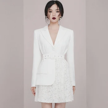 

HAMALIEL New Autumn Winter Notched Dress Runway Women's Long Sleeve Patchwork Lace White Belt Dress High Quality Bodycon Dresses