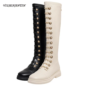 

Korean Versatile Women Knee-high Round Toe New Button Slim Knight Stretch Boots Genuine Leather Breathable Black Shoes Women