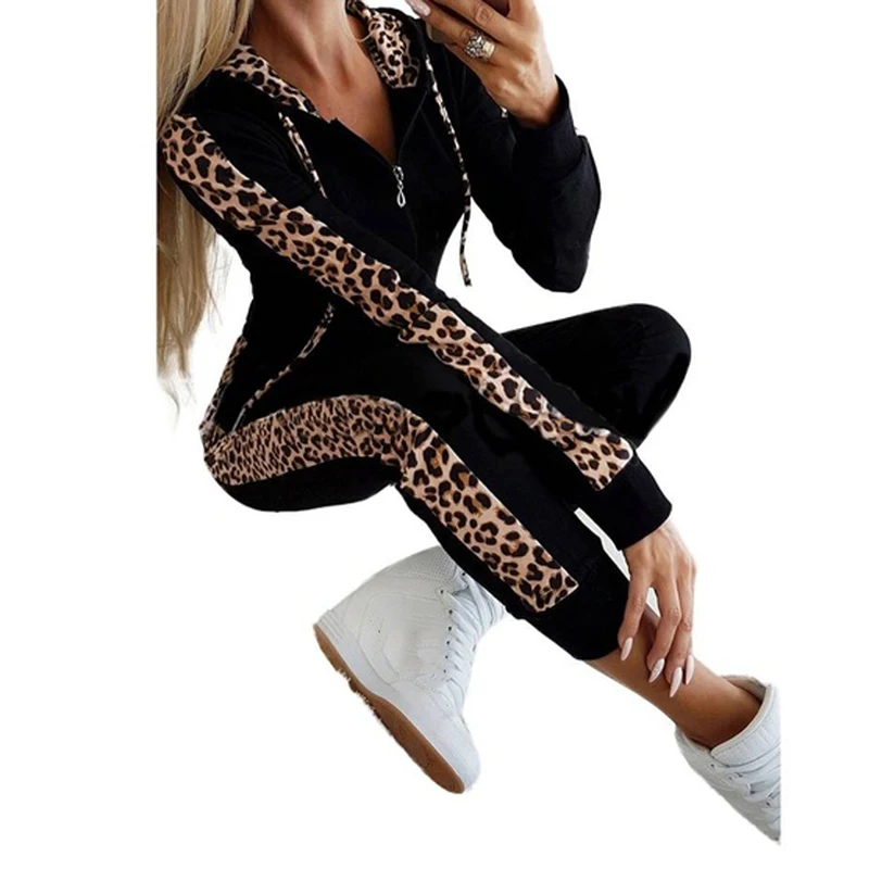 junkai Fashion Women Tracksuit Long Pant Suit Set Autumn Winter Leopard Print Pocket Zipper Fleece Hoodies Coat 2 Piece