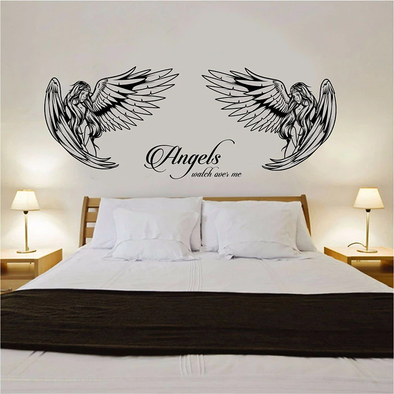 Modern Angel Angels Watch Over Me Wing Wall Sticker Bedroom Living Room Cartoon Angel Wing Family Love Quote Wedding Wall Decal  (3)