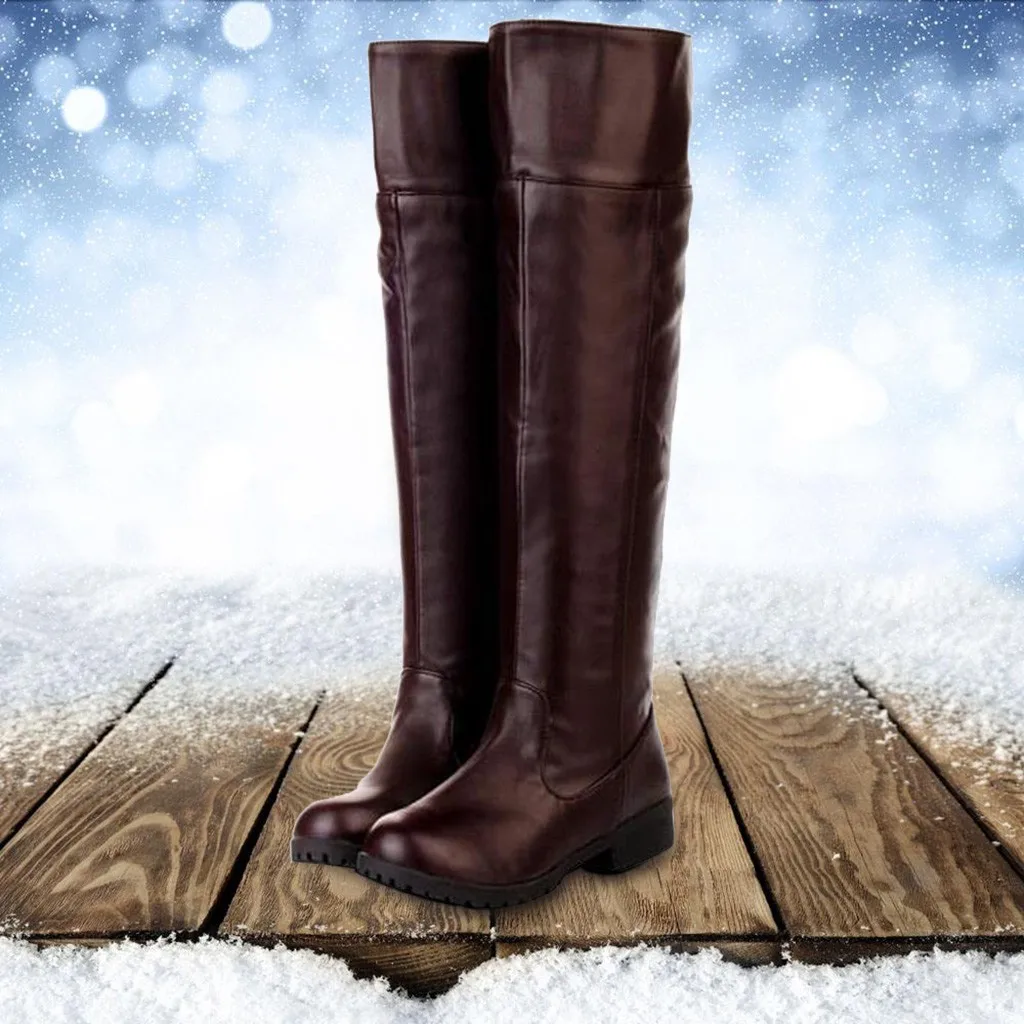 

2019 Knight Boots For Women Over-The-Knee Boots Round Toe Shoes Ladies Leather Square Heel Shoes Slip On Winter Warm Booties