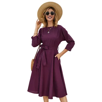 

2019 Women's Round Collar Waist Lace Mid-length Dresses Women Summer Bohemian Dress Plus Size Clothing