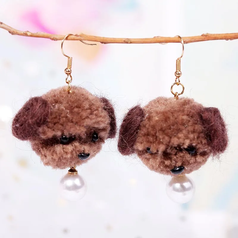 

2019 new fashion simulated pearl earrings handmade wool animal pets dog hanging dangle drop earrings for women girl gift