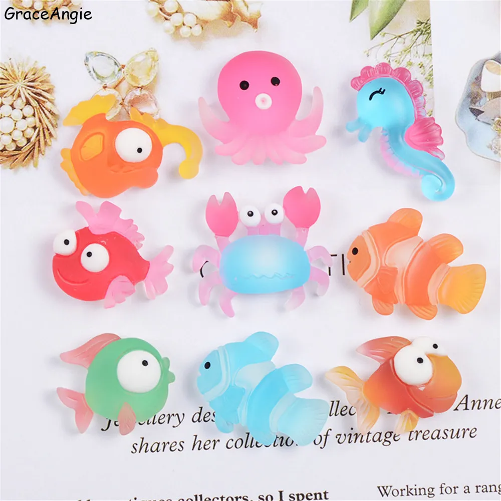 

20pcs/lo Resin Flatback Fish Crab Sea Horse Jellyfish Cabochon Cameo Earring Hair Accessories Scrapbooking For Phone Wholesale