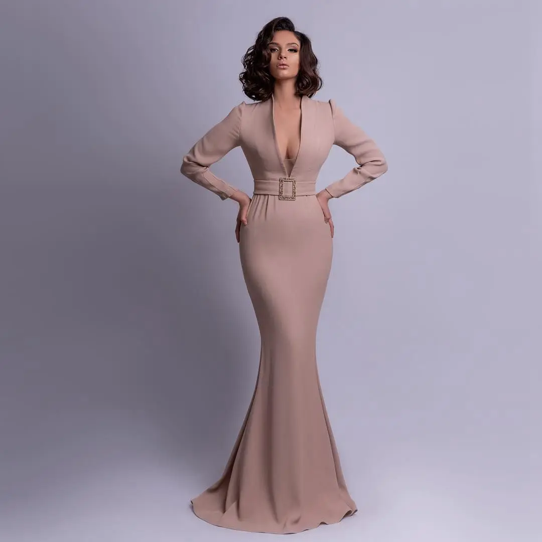 

Современное вечернее платье-Русалка с V-образным вырезом и длинными рукавами, простое стрейчевое трикотажное платье для выпускного вечера и вечеринки, бальное платье