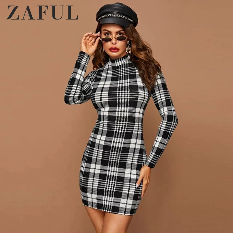 ZAFUL Plaid Dress Women Vintage Houndstooth Bodycon Sexy Mini Dress 2019 Winter Office Ladies Elegant Sheath Skinny Dress Femme