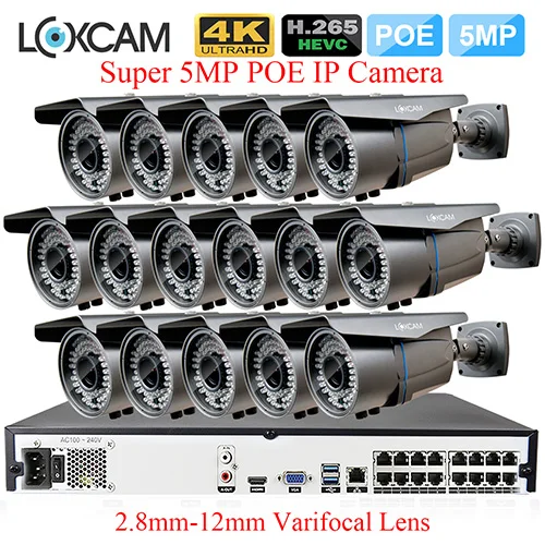 16CH NVR x 16 Camera LOXCAM 16CH H.265+ 5MP POE NVR система видеонаблюдения 5MP 2,8-12 мм зум наружная Водонепроницаемая ИК ip-камера комплект видеонаблюдения 4 ТБ - Цвет: 16CH NVR x 16 Camera