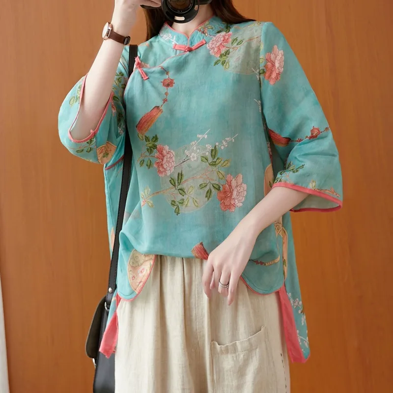 Chinese Vintage Women Blouse Traditional Clothing Print Hanfu Tops Summer Blusas Elegant Loose Female Shirt Ropa Mujer