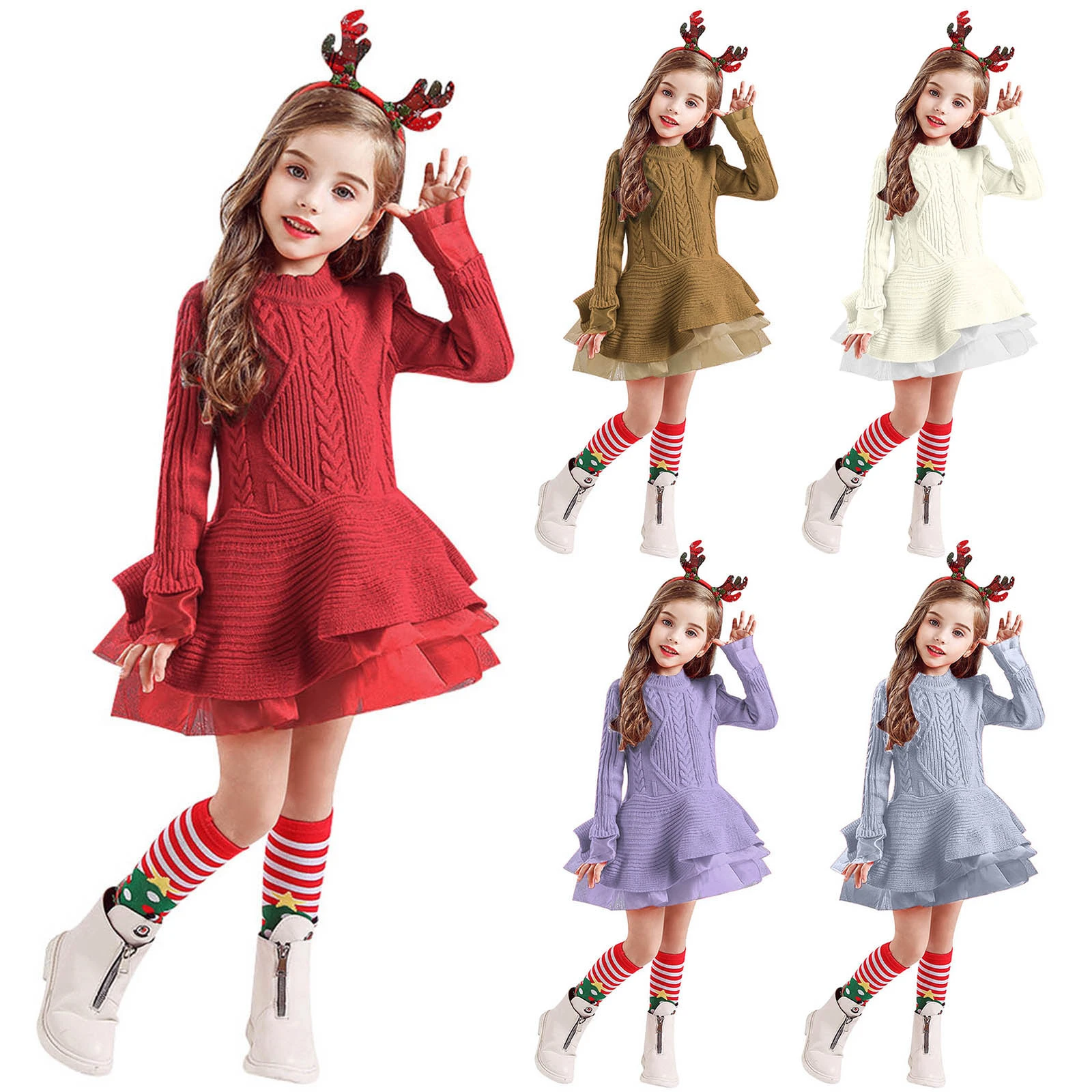 Winter Gebreide Chiffon Meisje Kerst Lange Mouw Kinderkleding Jurken Trui Gebreide Jurk + Outfits|Jurken| - AliExpress