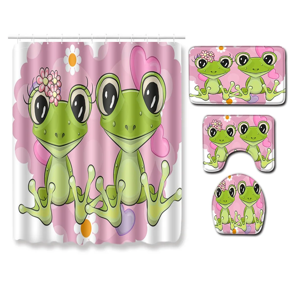 

4 Pcs Cartoon frog Shower Curtain Bath Rug Sets Toilet Cover Bath Mat Set Bathroom Accessories Curtains With Hooks